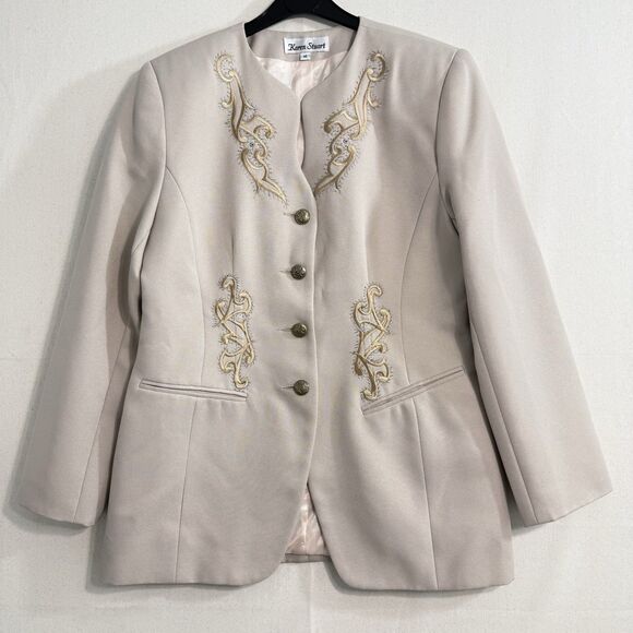 Karen Stuart Blazer Jacket Size 12 Cream Embroidered Detail Vintage - Picture 1 of 9
